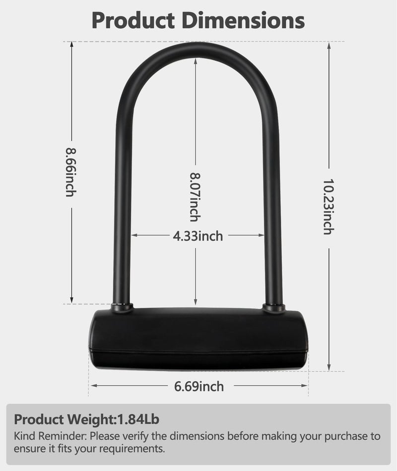 Weogine Bike U Lock with 4FT x 6mm Moped Chain, Bike Lock with 2 Keys and Mounting Bracket, Motorcycle U Lock Perfect for Ebike, Escooter, Fat-Tire Dirt-Bike, Tricycle,Bicycle - Image 3